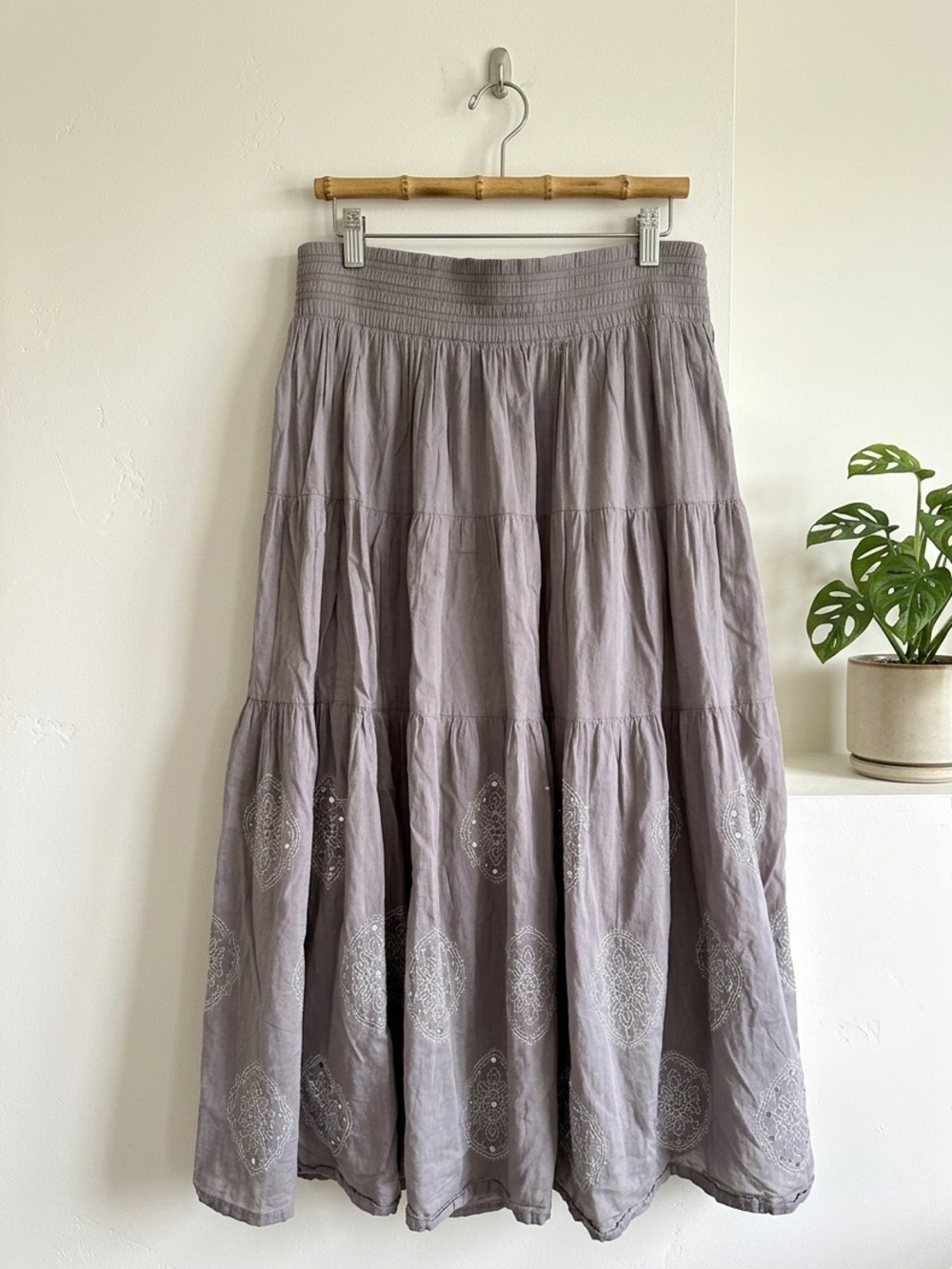Majora Boho Chic Tiered Maxi Skirt Gray Taupe White Embroidered Bohemian Gypsy